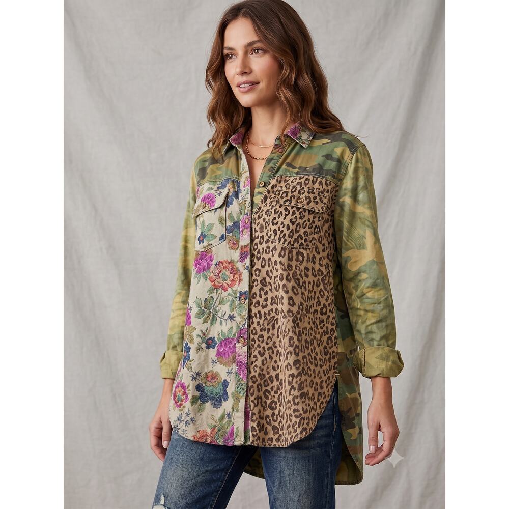 Anthropologie Pilcro Tunic Shirt Womens XS Green Camo Leopard Floral Button Up